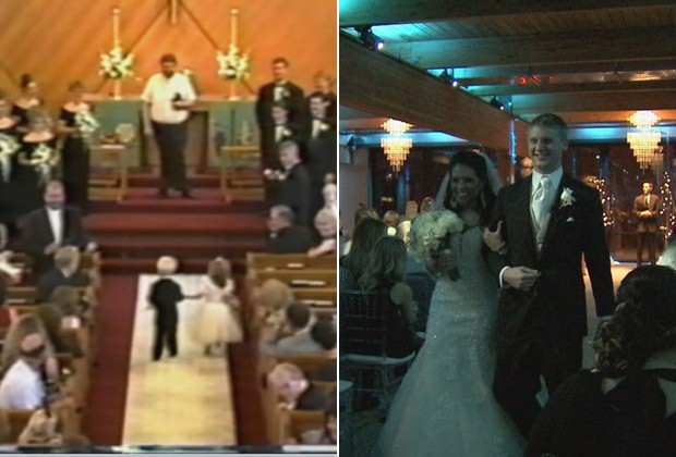 O casal Brittney e Briggs Fussy levando as alianças, em 1995, e no próprio casamento, no último dia 10 (Foto: Reprodução / Fox News e Facebook)