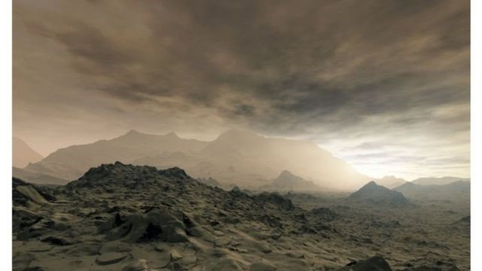 Vênus tem condições atmosféricas inóspitas para a vida como a conhecemos, com temperaturas da superfície ultrapassando 400°C — Foto: Detlev Van Ravenswaay/SPL/BBC