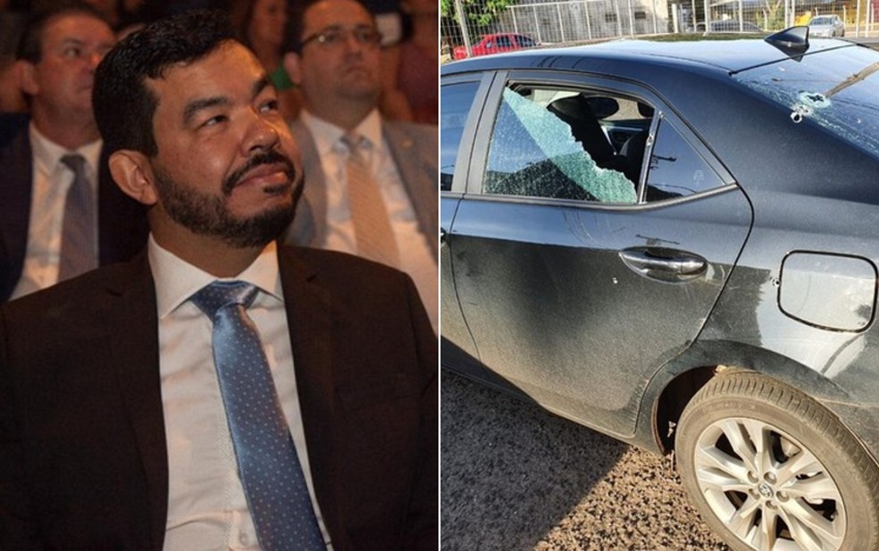 O deputado Loester Trutis, à esquerda, e o carro dele após o suposto atentado, à direita — Foto: Divulgação e Loester Trutis/arquivo pessoal