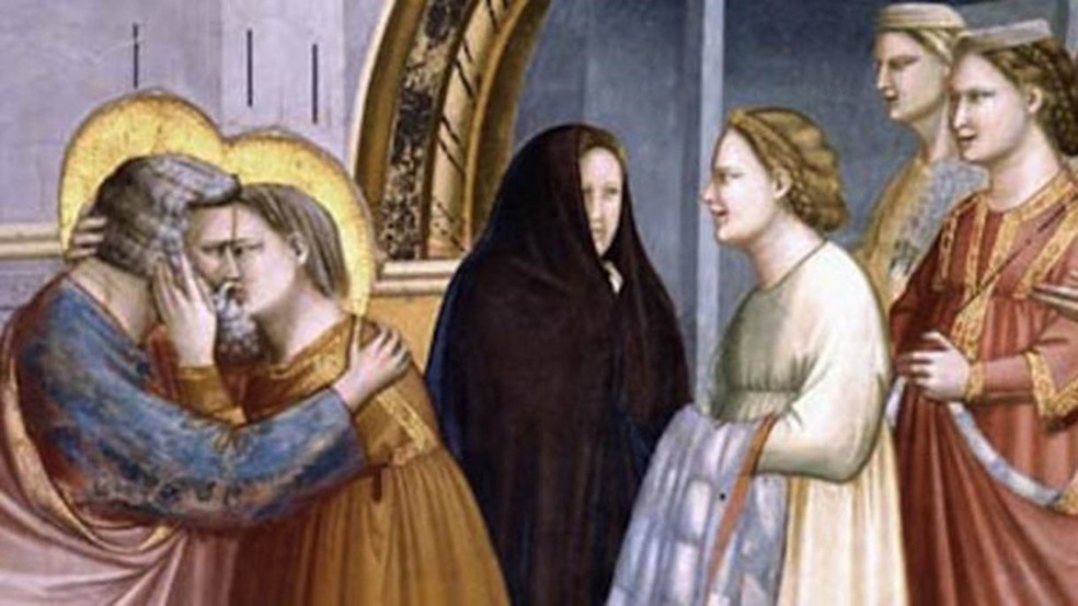 Foto que mostra Santa Ana e São Joaquim (Sant'Anna e San Gioacchino) pintados por Giotto na Cappella Degli Scrovegni, em Pádua — Foto: Divulgação/Capella Degli Scrovegni