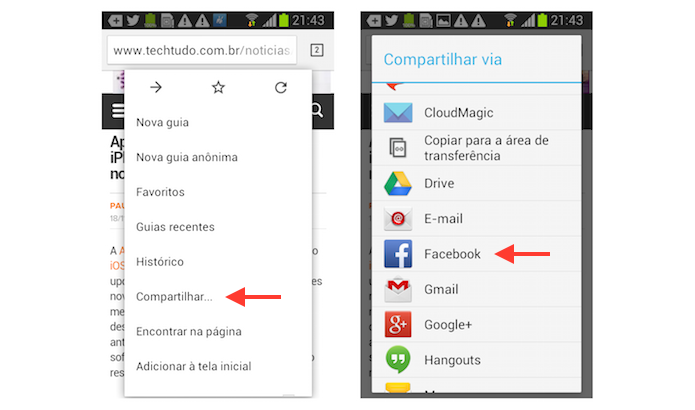 Iniciando o compartilhamento de uma página aberta no Google para Android no Facebook (Foto: Reprodução/Marvin Costa)