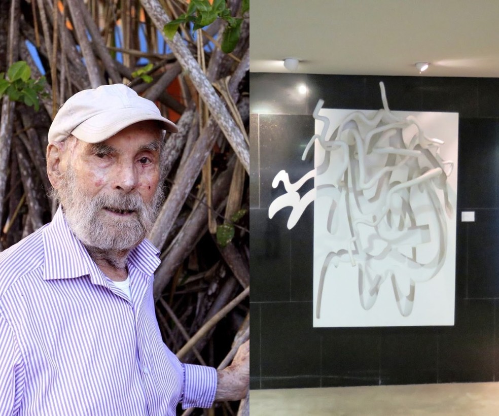 O polonês Frans Krajcberg ao lado da escultura — Foto: Divulgação/Museu do Holocausto