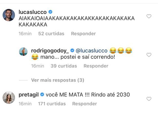 Lucas Lucco e Preta Gil comentam clique publicado por Rodrigo Godoy (Foto: Reprodução/Instagram)