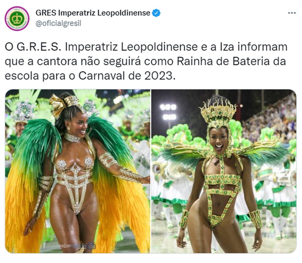 Anúncio da Imperatriz sobre a saída de Iza — Foto: Reprodução/Redes sociais