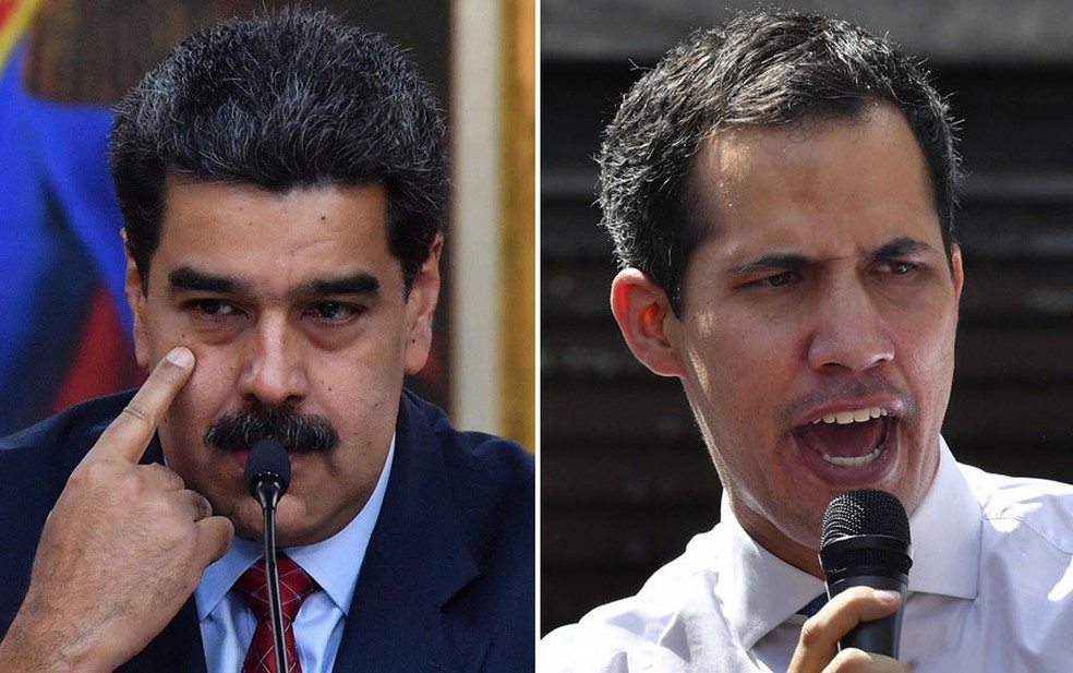 O presidente da Venezuela, Nicolás Maduro (esq.) e o presidente autoproclamado Juan Guaidó — Foto: Yuri Cortez/AFP