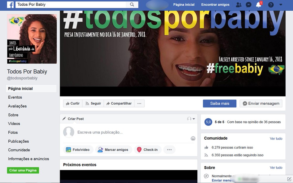 Página no Facebook criada para pedir liberdade para modelo negra Bárbara Querino, que, segundo internautas, é vítima de racismo — Foto: Reprodução/Facebook