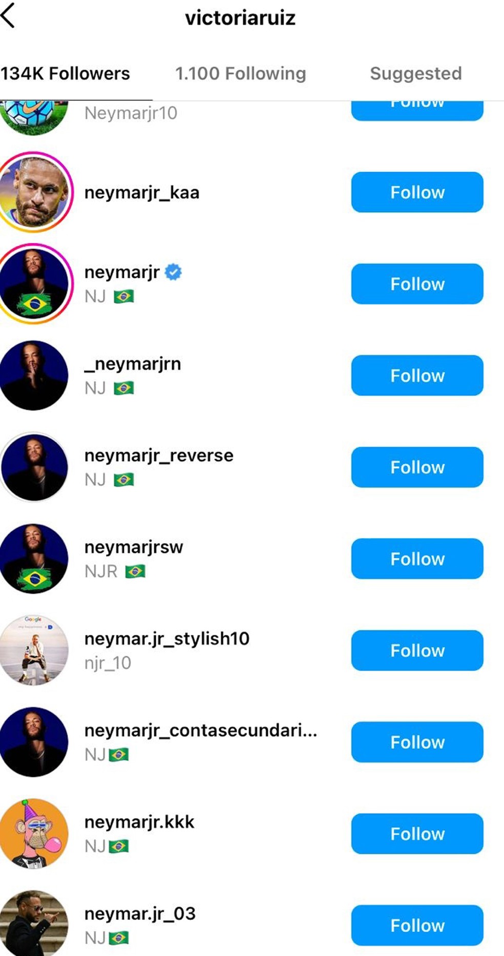 Fã-clubes de Neymar seguem Victoria Ruiz no Instagram — Foto: Reprodução Instagram