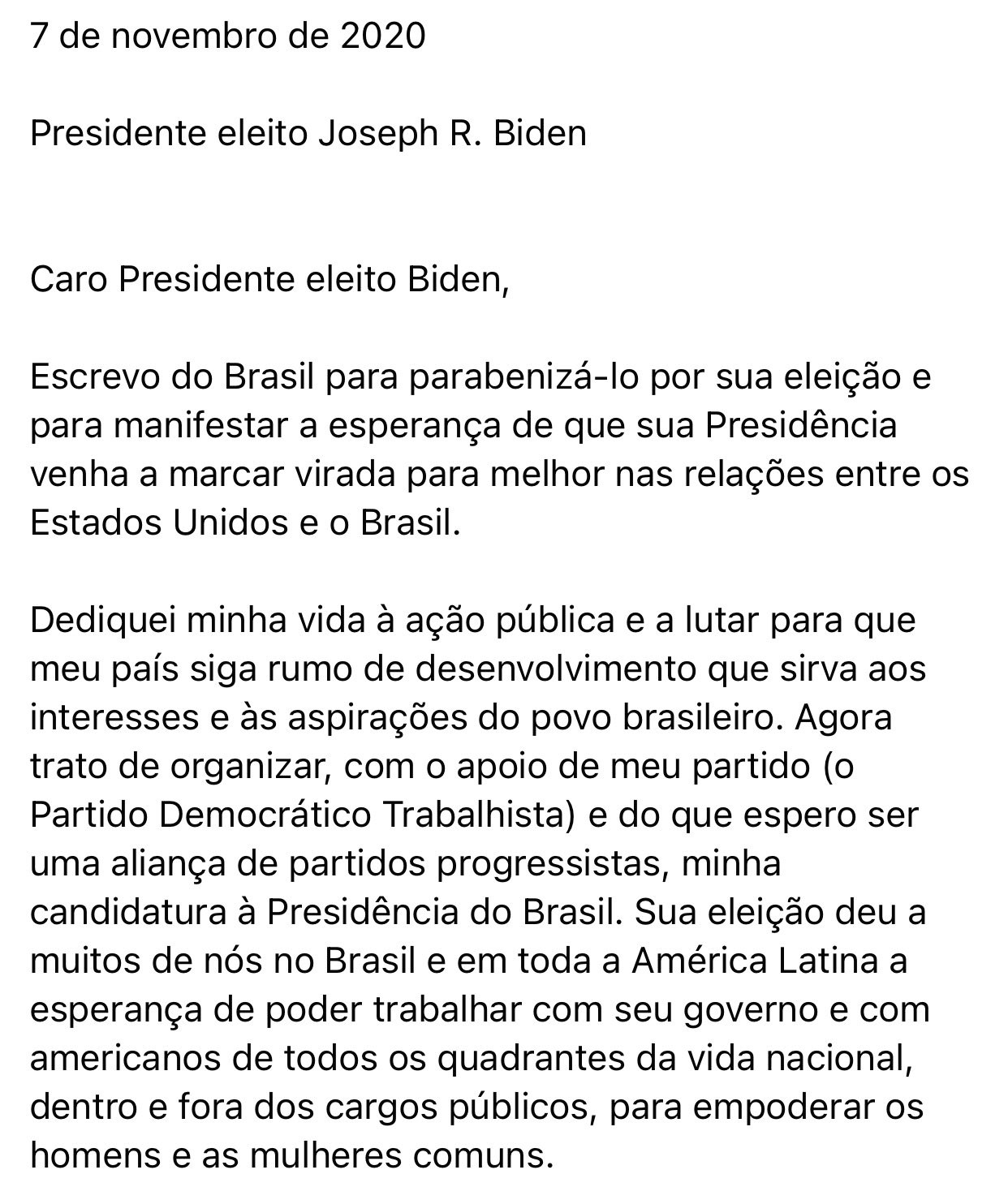 Texto, na íntegra, enviado por Ciro Gomes a Biden (Foto: Reprodução/Twitter)
