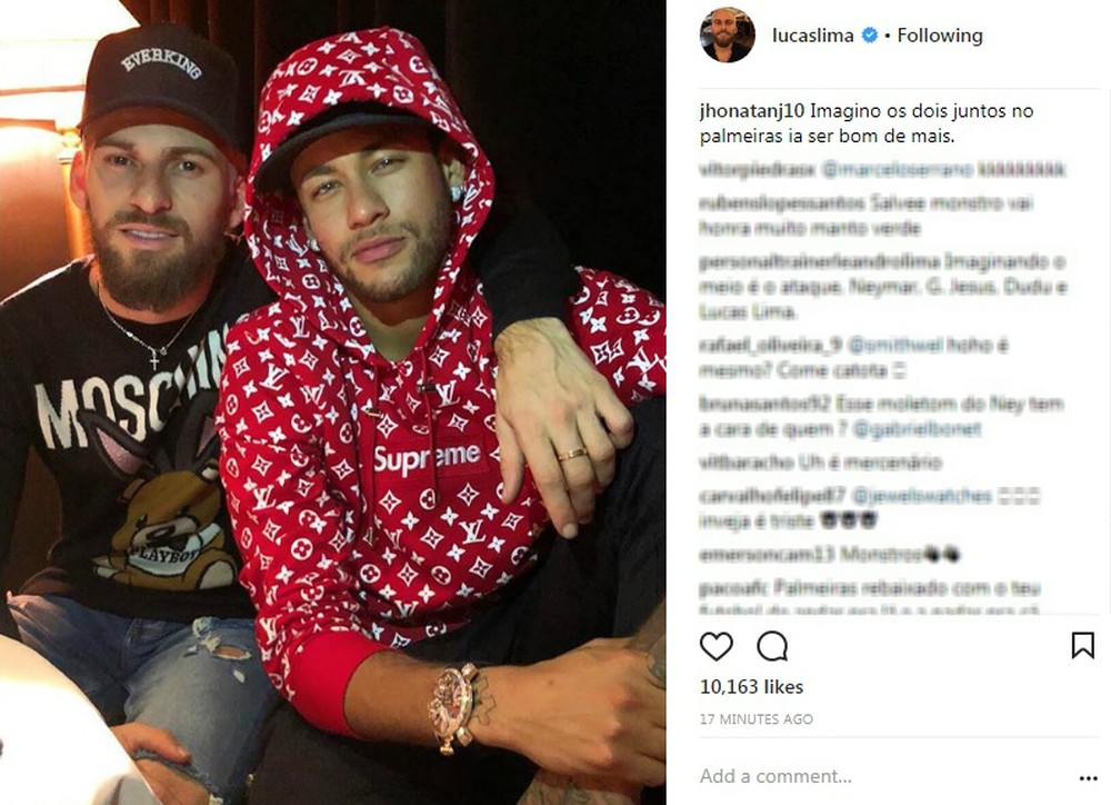 Lucas posta foto com Neymar, e torcedor imagina dupla no Verdão
