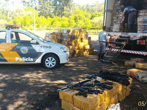 Drogas e armas estavam junto com a carga de frango congelado  (Foto: Polícia Rodoviária / Divulgação)