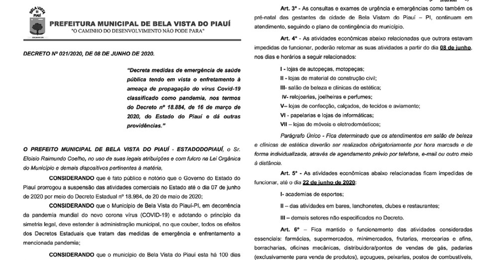 Decreto de Bela Vista do Piauí  — Foto: Reprodução