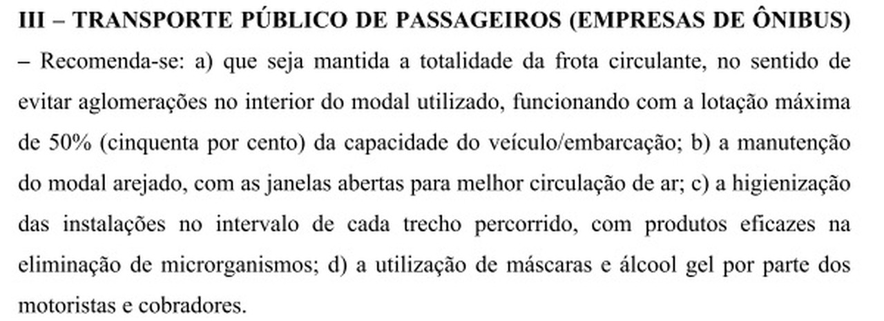 Trecho da recomendação feita pelo MP-AL à SMTT em março, com o objetivo de evitar aglomerações nos ônibus de Maceió — Foto: Reprdução