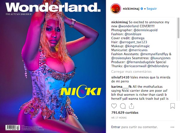 O post feito por Nicki Minaj mostrando sua presença na capa da revista Wonderland (Foto: Instagram)
