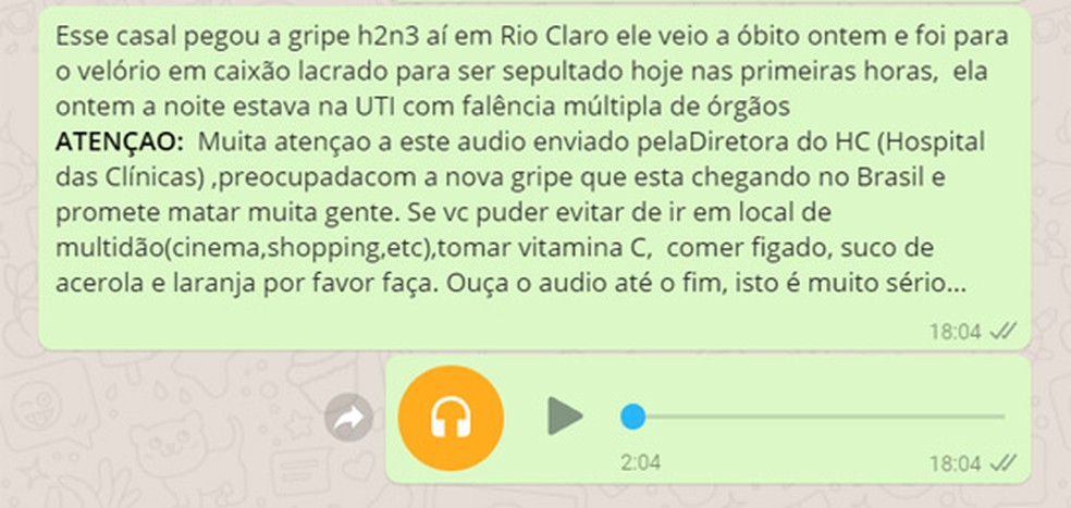 Mensagem falsa tem se espalhado nas redes (Foto: ReproduÃ§Ã£o/WhatsApp)