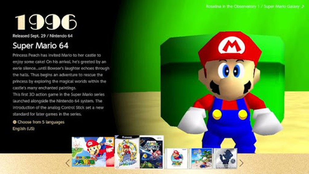 Tela de seleção de games traz poucas informações sobre os jogos de Super Mario em 'Super Mario 3D All-Stars' — Foto: Reprodução