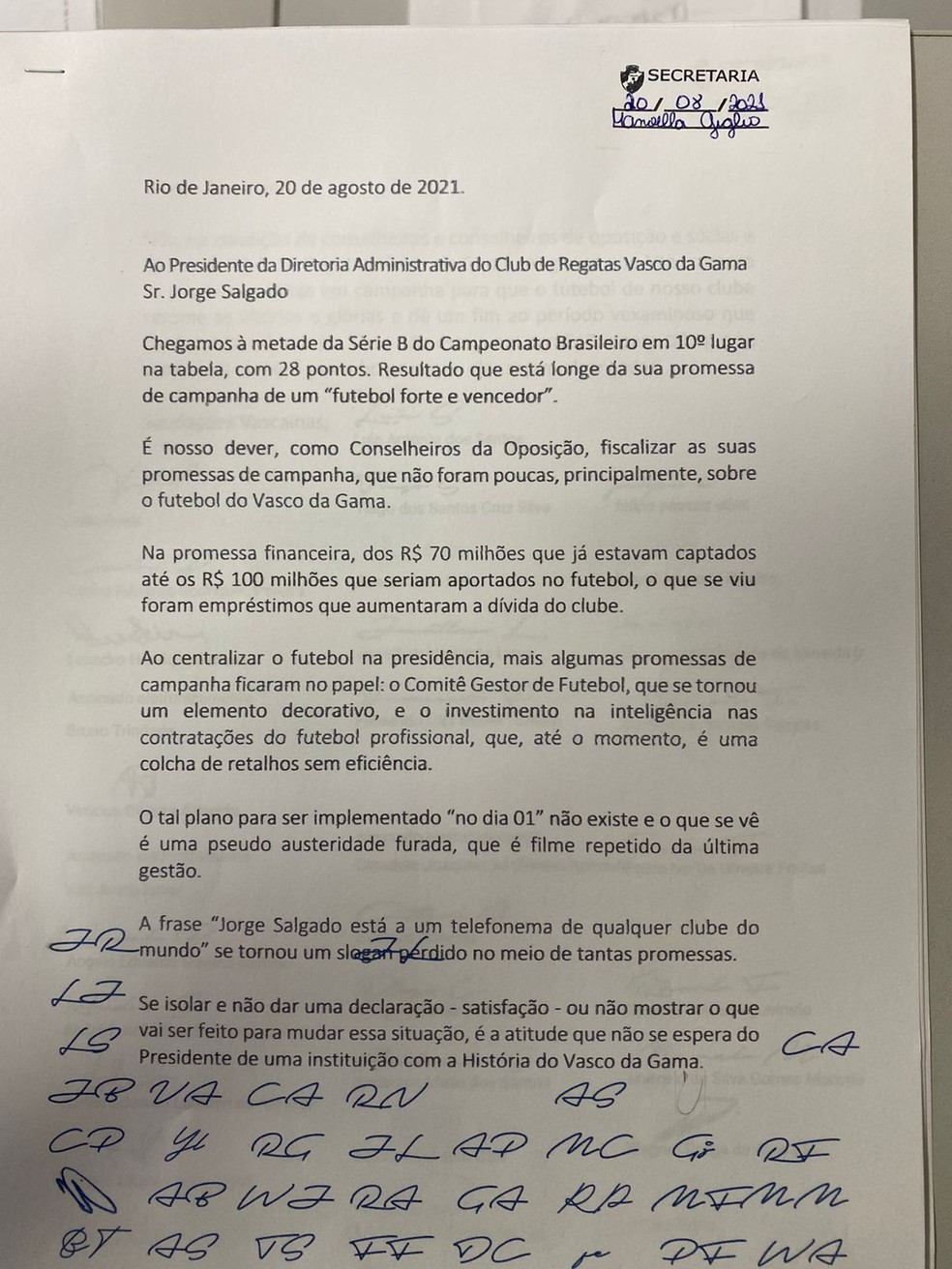 Carta Vasco � Foto: Reprodu��o