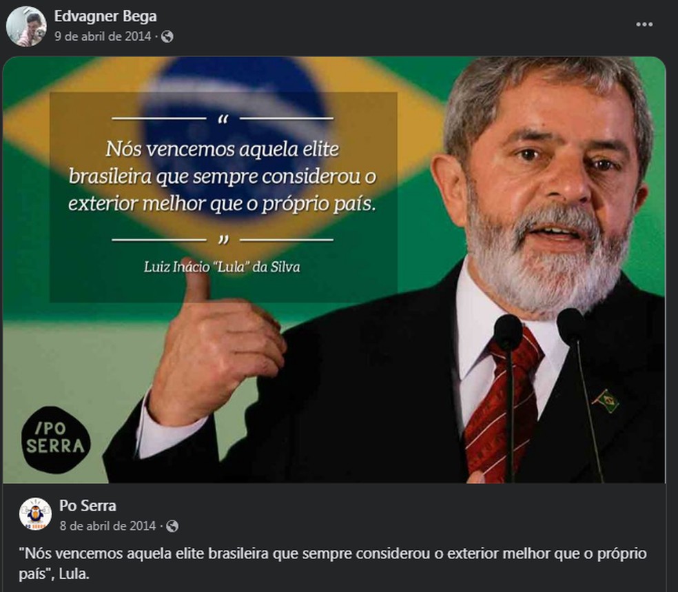 Outro golpista preso, Edvagner Bega fez publicaÃ§Ãµes favorÃ¡veis ao presidente Lula no passado; o post em questÃ£o Ã© de 2014 â Foto: ReproduÃ§Ã£o