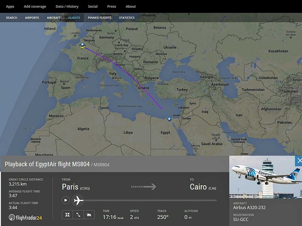 Rota do avião da EgyptAir: aeronave decolou de Paris, na França, e voava para o Cairo, no Egito (Foto: Reprodução / www.flightradar24.com)