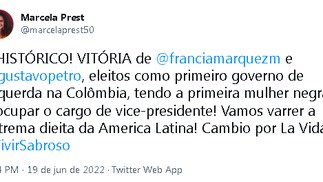 Menção ao perfil do brasileiro Gustavo Petró numa postagem de parabéns à vitória do esquerdista Gustavo Petro na eleição presidencial colombiana — Foto: Twitter / Reprodução