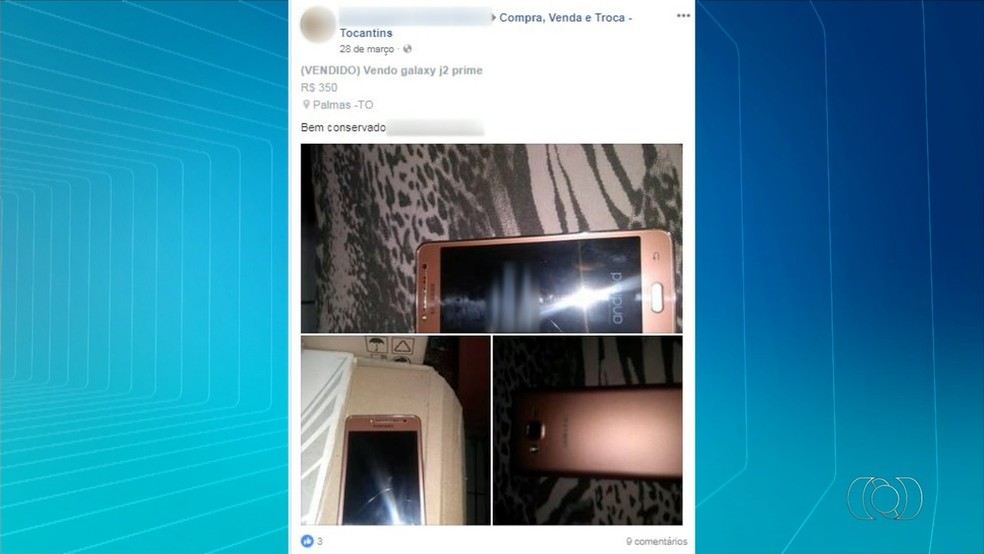 Celular de vítima estava sendo vendido nas redes sociais horas depois do roubo em Palmas (Foto: Reprodução/TV Anhanguera)