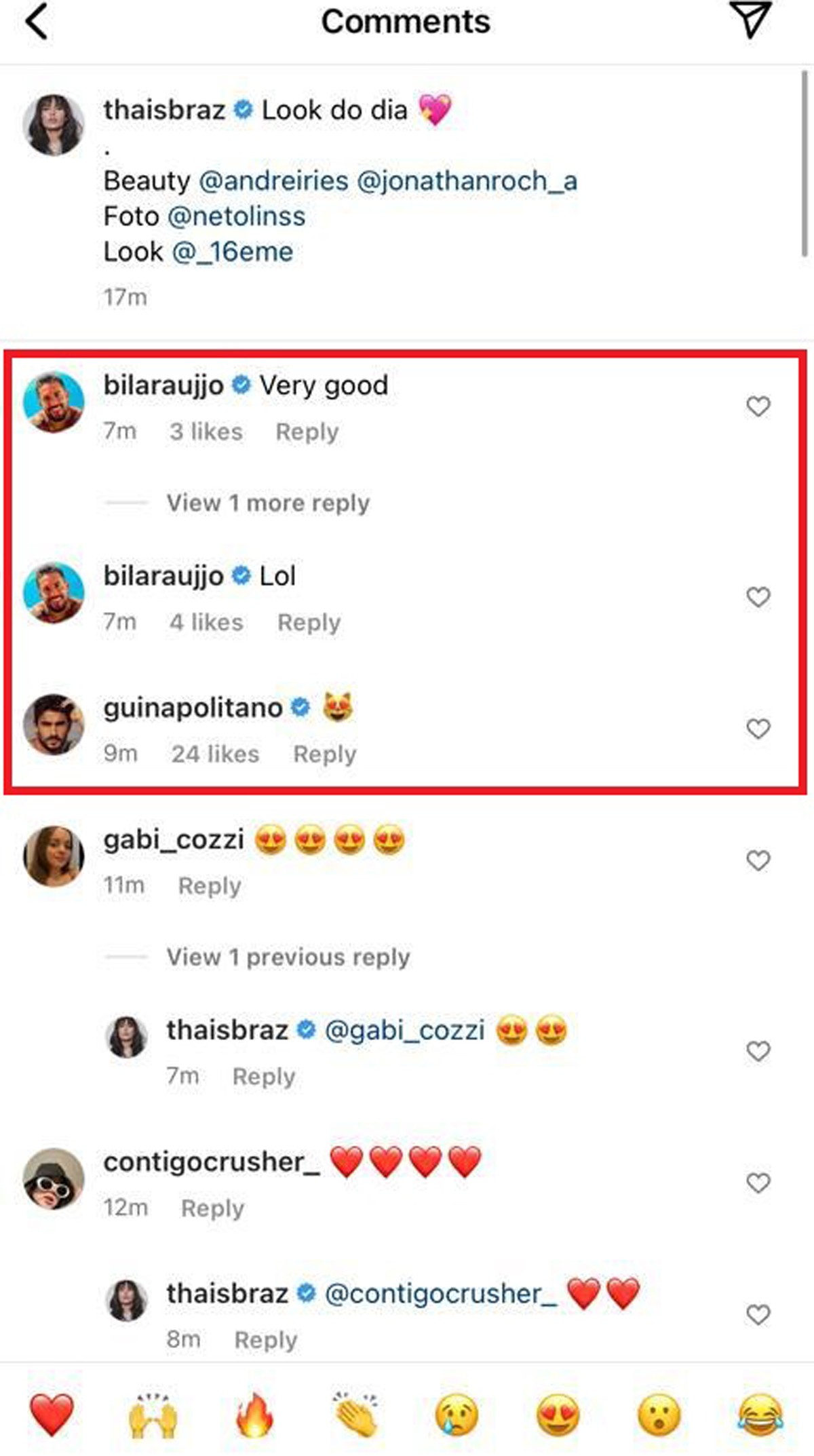 Os comentários de Bil Araújo e Gui Napolitano no post de Thaís Braz (Foto: Reprodução Instagram)