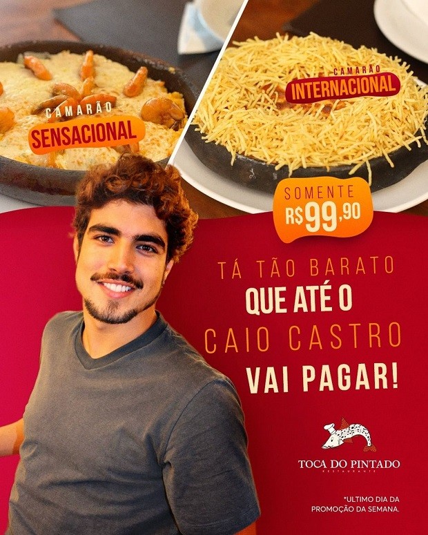 No Toca do Pintado, Caio Castro faz propaganda de promoção de camarão (Foto: Reprodução / Instagram @tocadopintado)