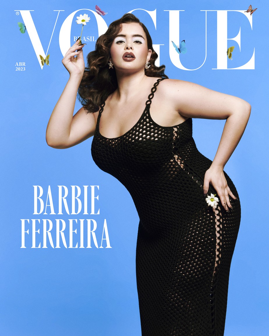Barbie Ferreira na capa da Vogue de Abril de 2023: a atriz usa vestido Chloe e brincos Gansho
