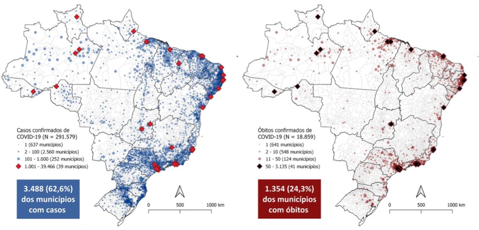 Distribuição espacial dos casos e mortes por coronavírus por município brasileiro — Foto: Reprodução/Ministério da Saúde