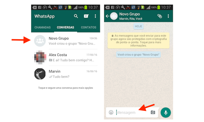 Acesso à tela de composição de mensagem de um chat de grupo do WhatsApp para Android (Foto: Reprodução/Marvin Costa)
