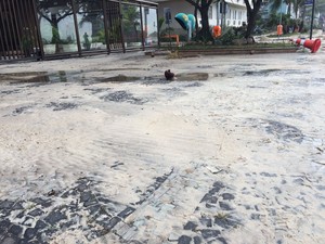 Ondas levaram areia até a calçada dos prédios da Avenida Delfim Moreira (Foto: Fernanda Rouvenat / G1)