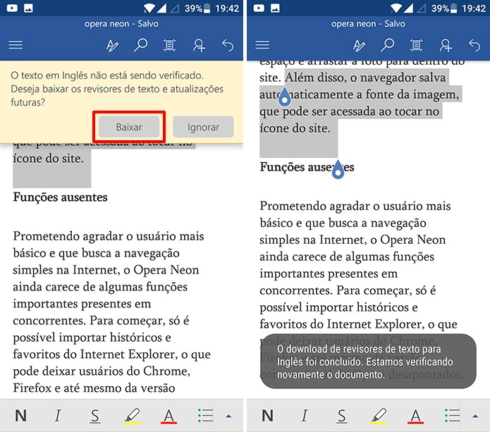 Office para Android precisa que usuário baixe pacote de idioma para a correção (Foto: Reprodução/Elson de Souza)