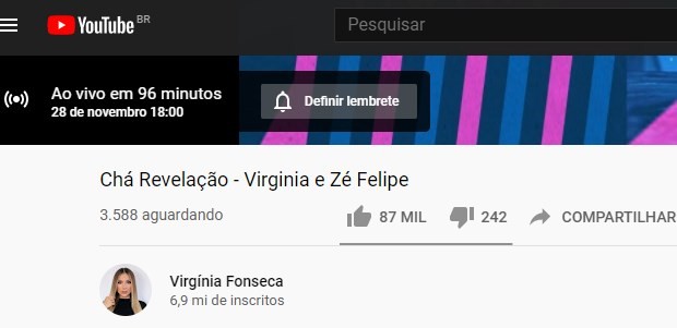 Chá revelação de Virginia Fonseca e Zé Felipe faz sucesso no Twitter antes de começar (Foto: Reprodução/YouTube)