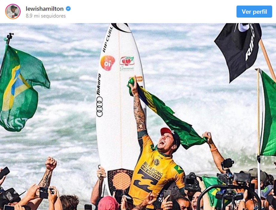 Penta da F1, Hamilton parabeniza Medina pelo bicampeonato no surfe: 