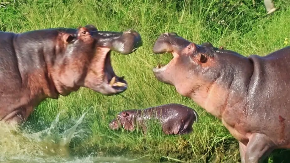 Hipopótamo bebê é atacado e morto por grupo de adultos dominantes.