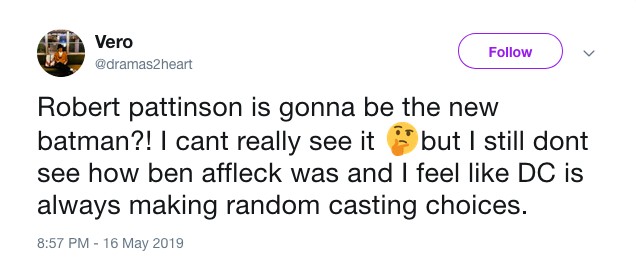 Uma pessoa reclamando nas redes sociais pela possível contratação do ator Robert Pattinson para dar vida ao herói Batman no próximo filme do personagem (Foto: Twitter)