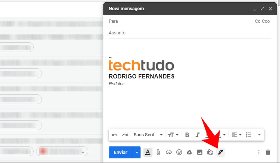 Novo ícone de caneta permite trocar assinaturas do Gmail — Foto: Reprodução/Rodrigo Fernandes