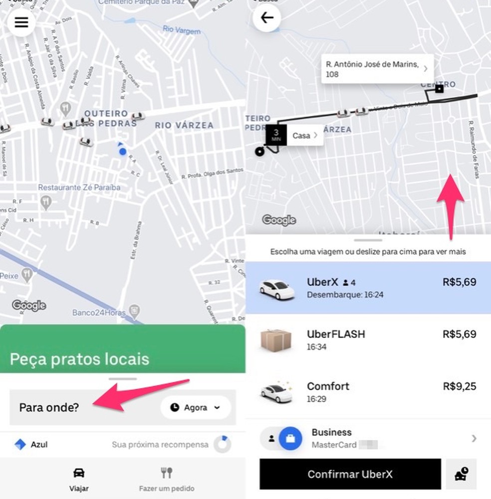 Ação para configurar uma corrida no aplicativo da Uber — Foto: Reprodução/Marvin Costa