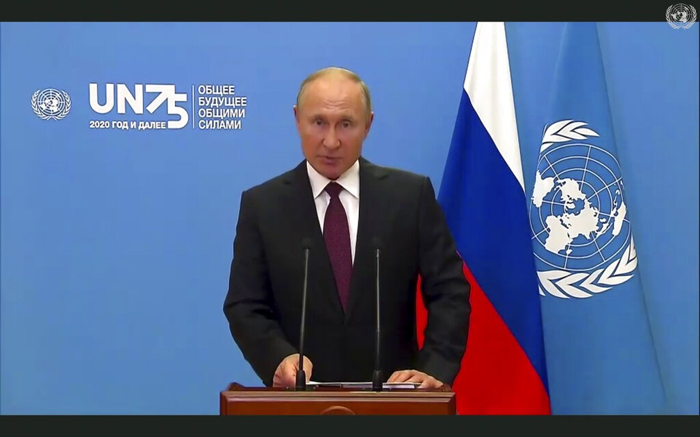 Vladimir Putin, presidente dos EUA, durante discurso gravado para a Assembleia Geral da ONU nesta terça (22) — Foto: UNTV via AP