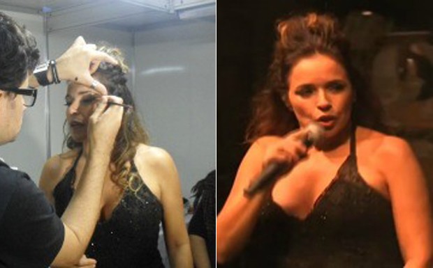 Daniela Mercury homenageou Amy em show logo após a morte da cantora (Foto: Elias Bruno/G1  e reprodução/TV Verdes Mares)