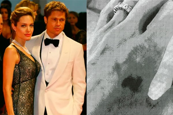 Agelina Jolie quando ainda era casada com Brad Pitt e imagem de ferimento na mão da atriz (Foto: Getty e reprodução)