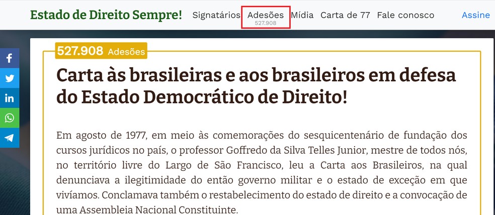 Faculdade de Direito da USP divulga carta às Brasileiras e aos Brasileiros em defesa do Estado Democrático de Direito! com mais de 500 mil assinaturas  — Foto: Reprodução