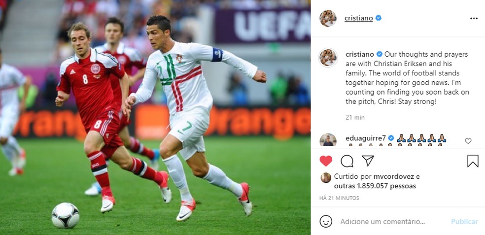 Cristiano Ronaldo também enviou mensagem de força ao meia dinamarquês — Foto: Reprodução/Instagram