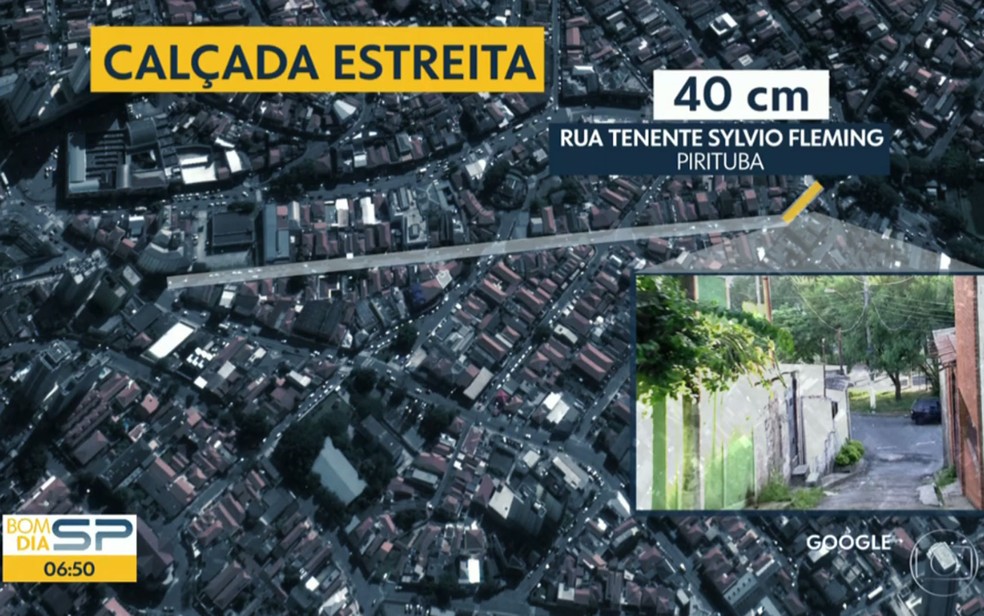 Calçada em Pirituba tem 40 centímetros de largura (Foto: TV Globo/Reprodução)