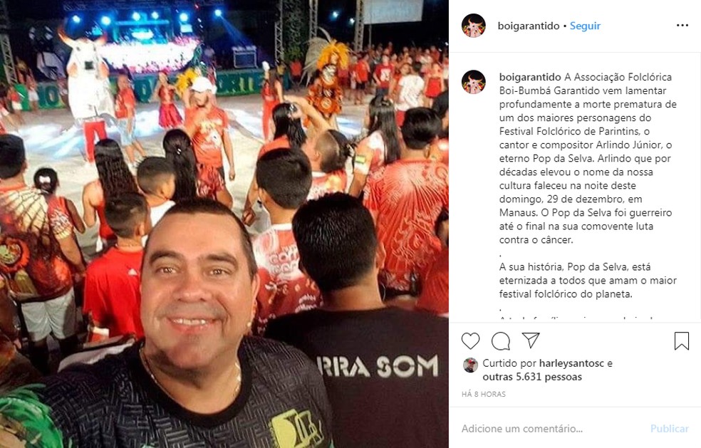 Boi Bumbá Garantido fez postagem para celebrar a carreira de Arlindo Júnior — Foto: Reprodução/Internet