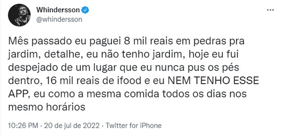 O humorista Whindersson Nunes comenta sobre ação de despejo contra ele na cidade de São Paulo. — Foto: Reprodução/Twitter