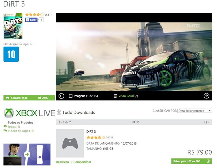 Tela de DiRT 3 na Xbox LIVE Marketplace (Foto: Reprodução/André Mello)