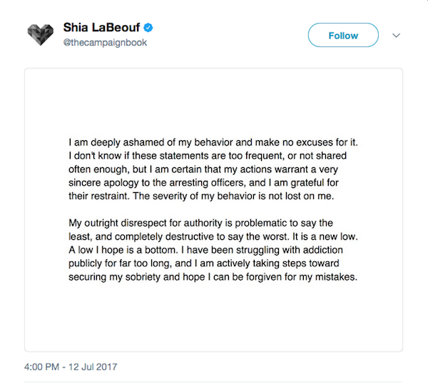 O pedido de desculpas de Shia LaBeouf (Foto: Twitter)
