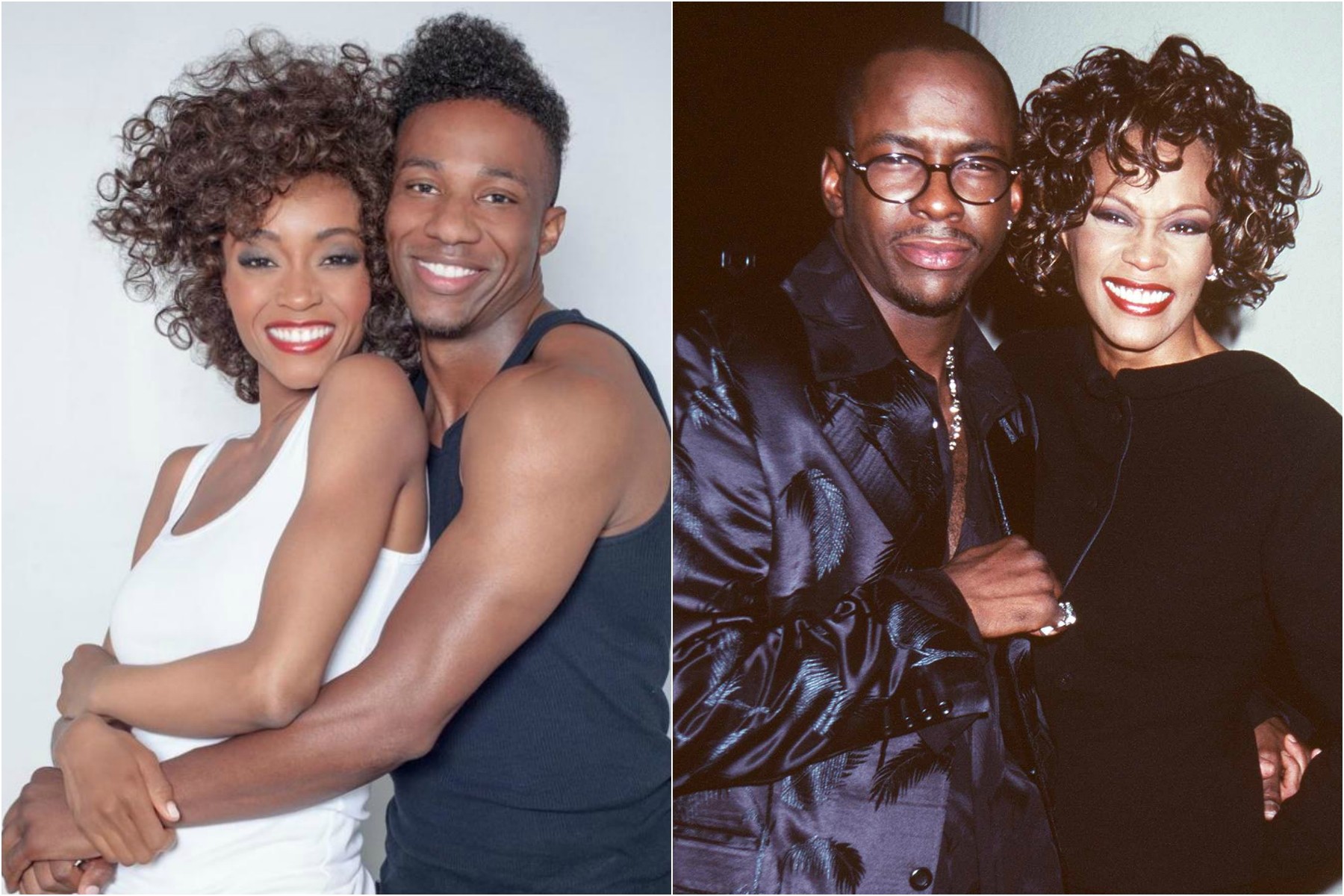 Yaya DaCosta e Arlen Escarpeta (ambos à esq.) caracterizados como Whitney Houston e Bobby Brown, que por sua vez aparecem juntos na foto da direita, feita em setembro de 1997. (Foto: Divulgação e Getty Images)
