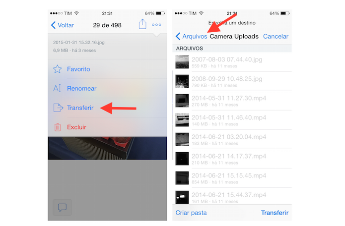 Iniciando a transferência de uma arquivo para outra pasta do Dropbox para iPhone (Foto: Reprodução/Marvin Costa)