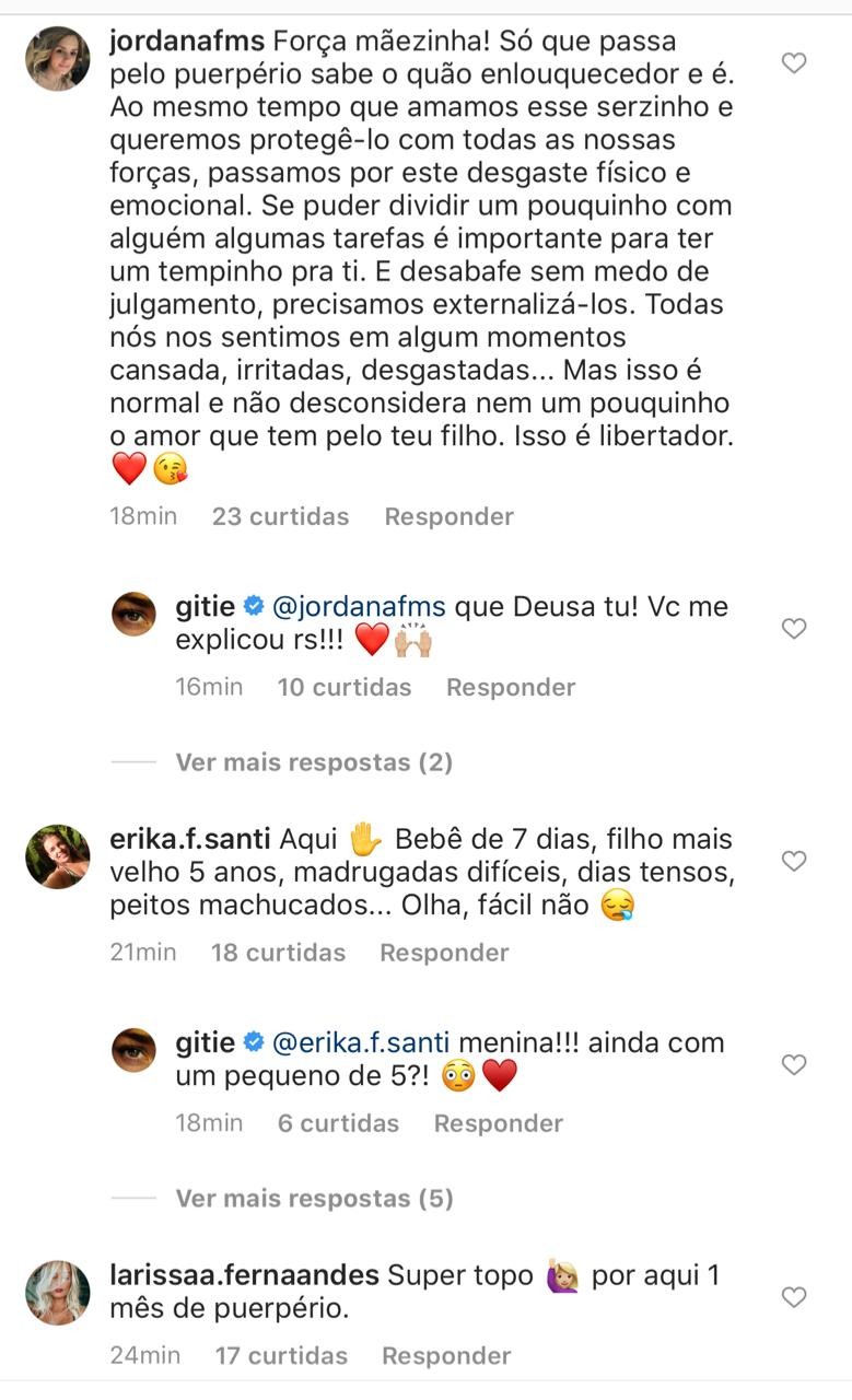 Giselle Itié recebe apoio de outras mamães no puerpério (Foto: Reprodução/Instagram)